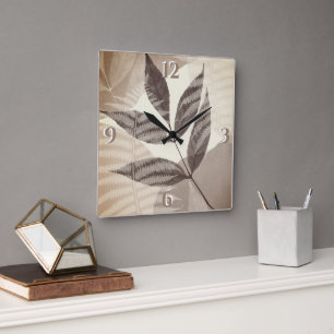 Horloge Carrée Vert Pressé Feuilles Beige Tons Modernes