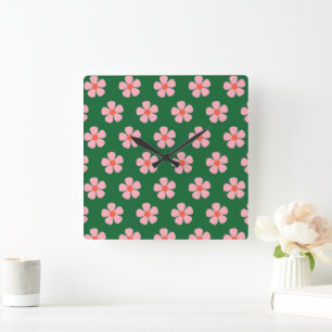 Horloge Carrée Vert rose gras Y2K Fleur sauvage Vibrant Décor d'i