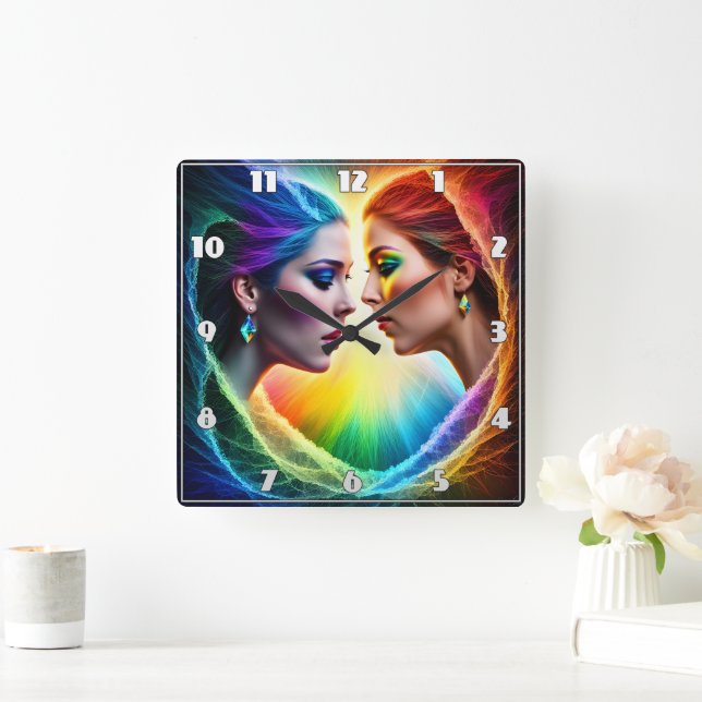 Horloge Carrée Vibrant double portrait des femmes en maquillage (Maison)