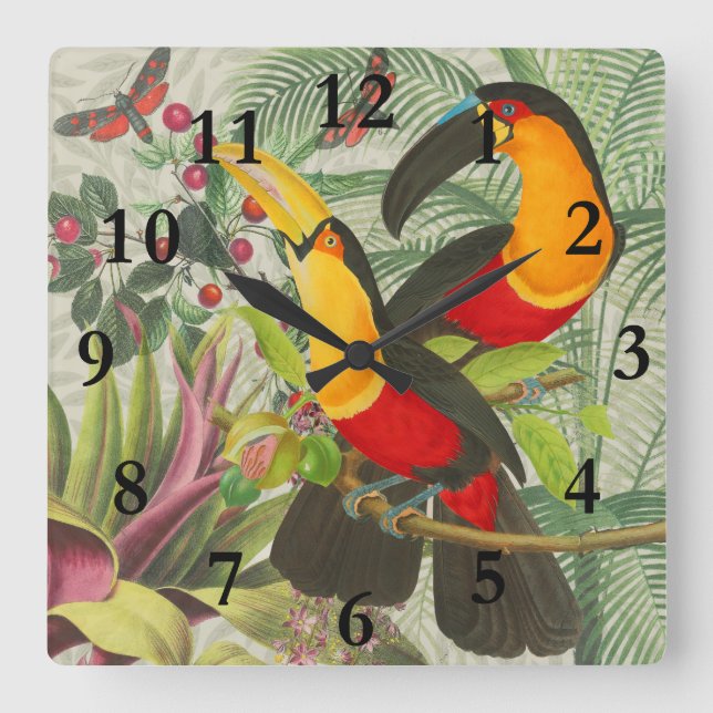 Horloge Carrée Vibrant Tropical Toucan Birds Art Exotic Jungle (Recto)