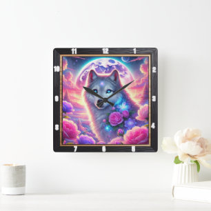 Horloge Carrée Vibrant Wolf Neon Moon et Fleur mystique