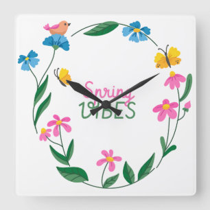 Horloge Carrée Vibrations printanières avec fleurs et papillons
