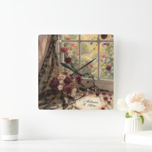 Horloge Carrée Victorien Autumn Window Lace rideaux Rose Art