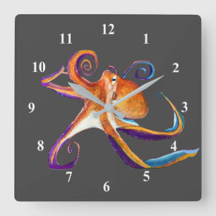 Horloge Carrée Vie marine d'octopus aquarelle art