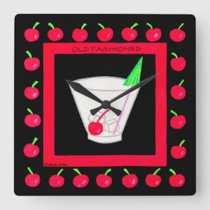 Horloge Carrée Vieux style rétro Boire Cerises rouges sur Noir