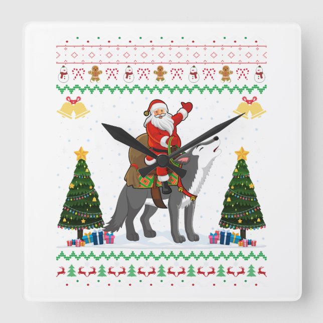 Horloge Carrée Vilain Loup Noël Cadeau Père Noël équitation Loup  (Recto)