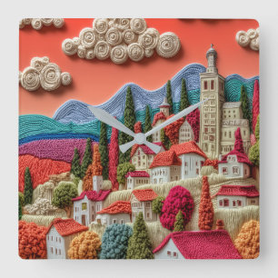 Horloge Carrée Ville sur une colline colorée Broderie Art Murale