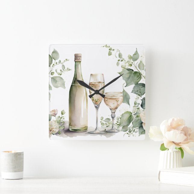 Horloge Carrée Vin aquarelle (Maison)