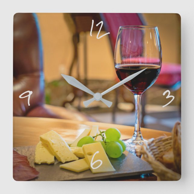 Horloge Carrée Vin et fromage Vie morte Photographie moderne (Recto)