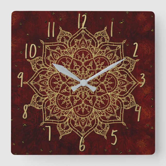 Horloge Carrée Vin profond Rouge Mandala & Gold Glam Moderne Chic (Recto)
