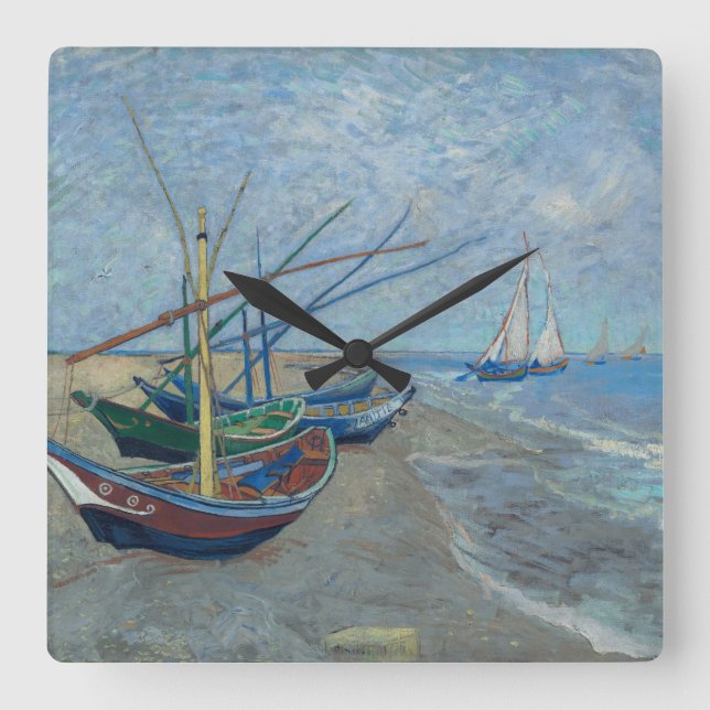Horloge Carrée Vincent Van Gogh - Bateaux de pêche sur la plage (Recto)