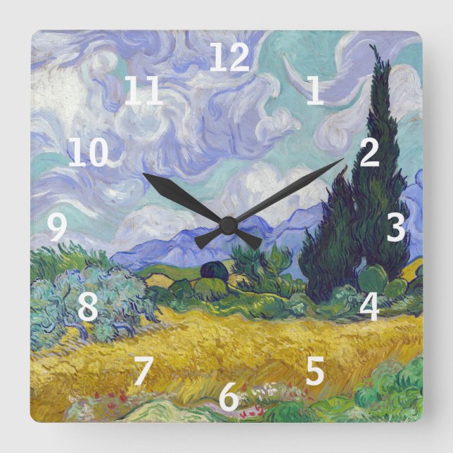 Horloge Carrée Vincent Van Gogh - Champ de blé avec cyprès (Recto)