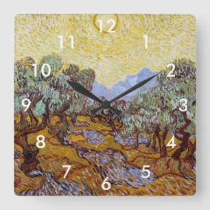 Horloge Carrée Vincent van Gogh - Oliviers, Ciel Jaune et Soleil