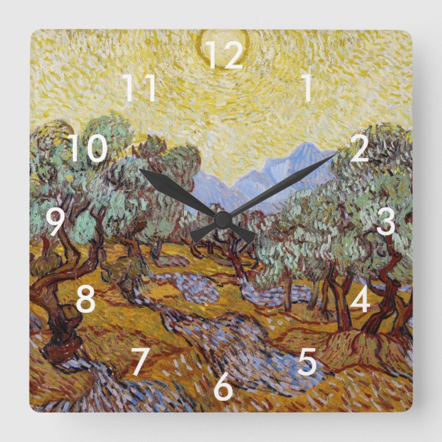 Horloge Carrée Vincent van Gogh - Oliviers, Ciel Jaune et Soleil (Recto)
