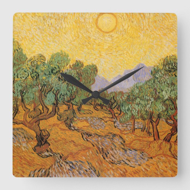 Horloge Carrée Vincent van Gogh - Oliviers, Ciel Jaune et Soleil (Recto)