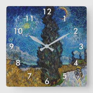 Horloge Carrée Vincent van Gogh - Route avec Cypress et Star