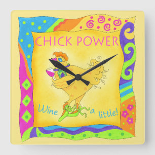 Horloge Carrée Vins un peu poule puissance jaune Whimsy