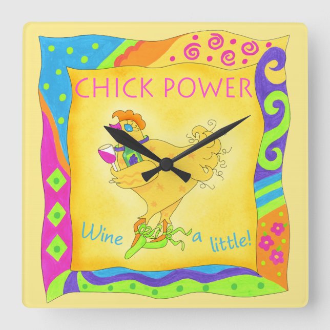 Horloge Carrée Vins un peu poule puissance jaune Whimsy (Recto)