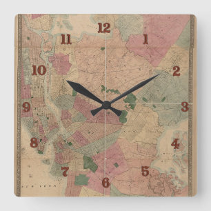 Horloge Carrée Vintage 1872 Brooklyn Map - New York City, Queens