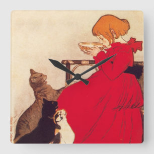 Horloge Carrée Vintage Antique Girl Milk Cats Theophile Steinlen