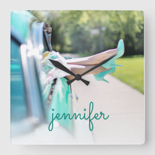 Horloge Carrée Vintage Car Mint Green High Heels Retro Girl