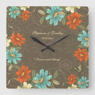 Horloge Carrée Vintage chic aqua crème orangé mariage à fleurs