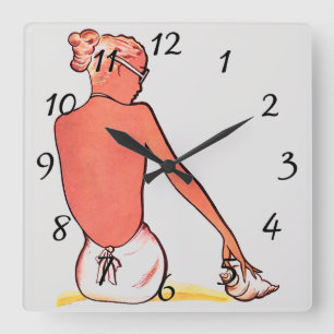 Horloge Carrée Vintage fille de plage avec coquillage été élégant