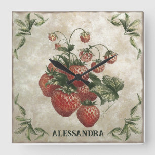 Horloge Carrée Vintage fraises botaniques rustiques