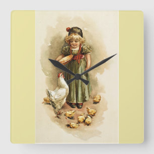 Horloge Carrée Vintage Girl Feeding Hens and Chicks Farm Clock