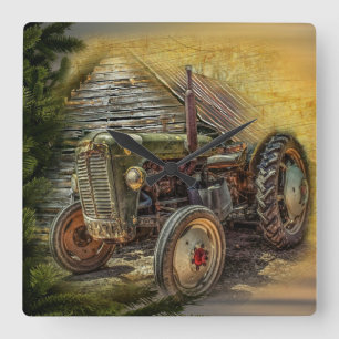 Horloge Carrée Vintage Green Tractor Rustic