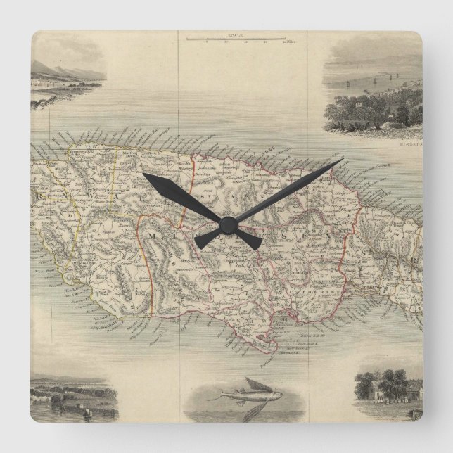 Horloge Carrée Vintage Map of Jamaica (1851) (Recto)