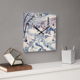 Horloge Carrée Vintage Noël, paysage de neige avec Village d'hive