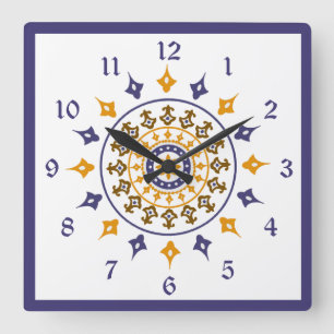 Horloge Carrée Vintage Ornate Blue Orange Numbered Wall Clock