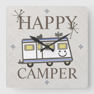 Horloge Carrée Vintage Retro Happy Camper Wall Clock