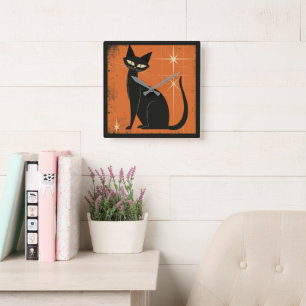 Horloge Carrée Vintage Rétro MCM Chat Noir Étoiles Orange Noir 