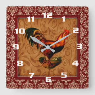 Horloge Carrée Vintage Rooster on a Rustic damask