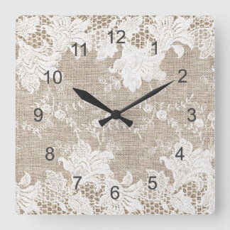 Horloge Carrée Vintage rustic country beige burlap and white lace