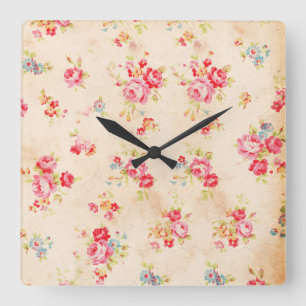 Horloge Carrée Vintage Shabby Chic Girly Bleu rose Roses Floral