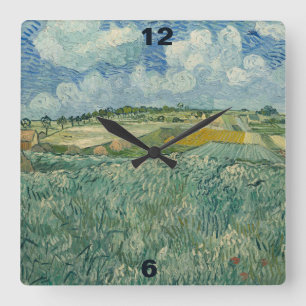Horloge Carrée Vintage Van Gogh Plaine à Auvers avec nuages de pl