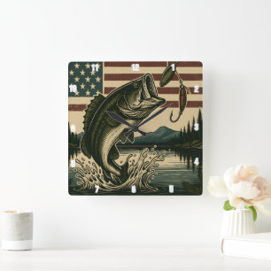 Horloge Carrée Vintage Vibrant Sumping Bass Américain Drapeau