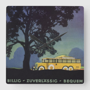 Horloge Carrée Vintage voyage, Allemagne, Bus Jaune à la nuit