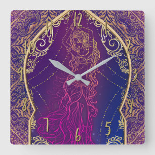Horloge Carrée Violet et Or Marocain Arabe Danse du Ventre Glam