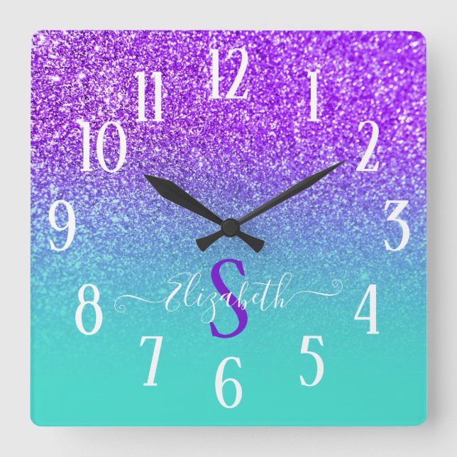 Horloge Carrée Violet Glitter Turquoise ombre monograme (Recto)