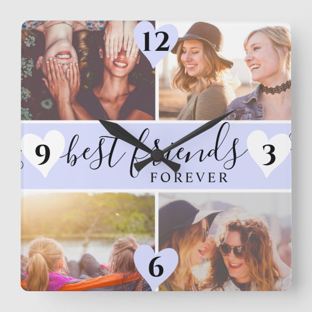 Horloge Carrée violet meilleurs amis script nom 4 photo collage (Recto)