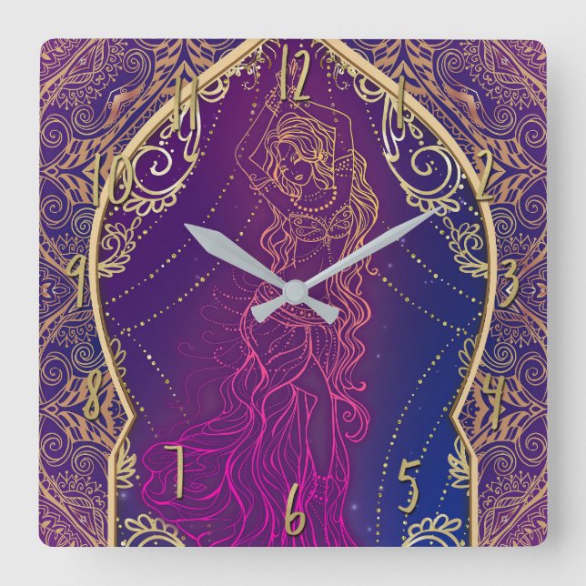 Horloge Carrée Violet & Or Marocain du ventre Arabe Danser Glam (Recto)