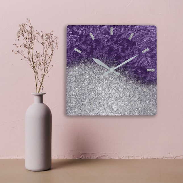 Horloge Carrée Violet Parties scintillant violet Argent gris velo (Violet Purple Glitter Silver Gray Velvet Eggplant Square Wall Clock )