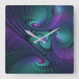 Horloge Carrée Violet rencontre Turquoise moderne art fractal abs