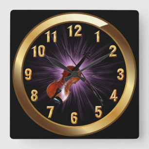 Horloge Carrée Violon~Noir Classique et Violet Arrière - plan bri