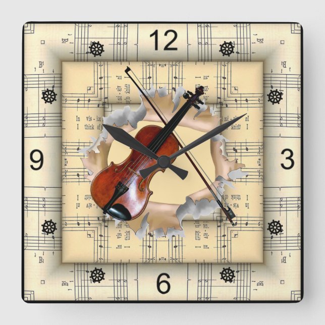 Horloge Carrée Violon ~ Rompre à travers une musique de feuille é (Recto)