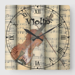 Horloge Carrée Violon transparent ~ Musique Vintage laminée ~ Mus